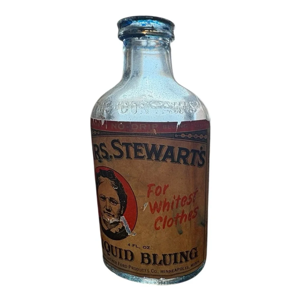 Vintage Mrs. Stewart's Liquid Bluing Bottle 4oz w/ Label‎ – Embossed Glass